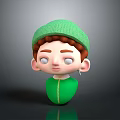 Cute 3D Cartoon Child Character With Green Knit Hat Brown Hair And Green Outfit