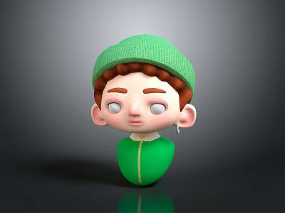Cute 3D Cartoon Child Character With Green Knit Hat Brown Hair And Green Outfit 3d model