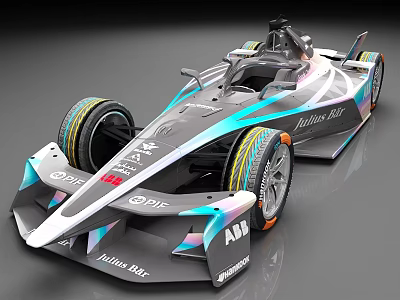 Electric Race Car With Streamlined Aerodynamic Design Silver Blue Accents ABB ABT Allianz Logos 3d model