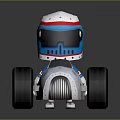 Cartoon Toy Car with White Body Large Black Wheels Red Rims and Blue Red Helmet