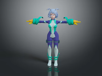 3D Rendered Game Movie Character With Blue Gray Hair Teal And Purple Outfit Yellow Gloves 3d model