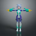 3D Rendered Game Movie Character With Blue Gray Hair Teal And Purple Outfit Yellow Gloves