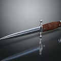 Silver Blade Dagger With Brown Wooden Handle And Metal Decorations Placed On Black Reflective Surface