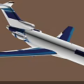 Simple Blue and White Airplane Model Flying Against Brown Background