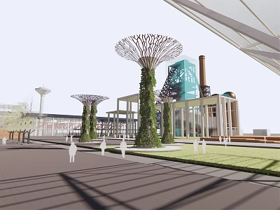 Urban Square With Floral Shaped Metal Structures Greenery Covered Trunks Industrial Buildings Lawn And Silhouettes 3d model