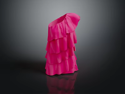 Fashionable Pink One Shoulder Dress With Ruffled Layers And Flowy Design 3d model