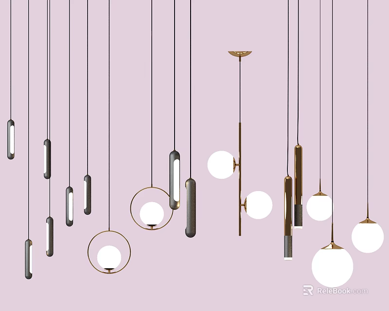 Modern Pendant Lights With Different Shapes Metallic Frames And White Shades 3d model