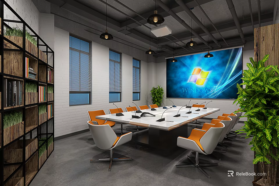 Modern Conference Room With Large Meeting Table Orange White Chairs Big Screen Windows Green Plants 3d model 