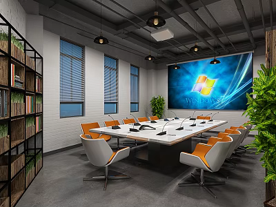 Modern Conference Room With Large Meeting Table Orange White Chairs Big Screen Windows Green Plants 3d model