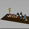 Assorted Bottles Containers Vase With Flowers And Spoon On Wooden Table