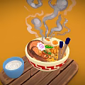 Red And White Ceramic Ramen Bowl On Wooden Tray With Blue Food Skill Cup