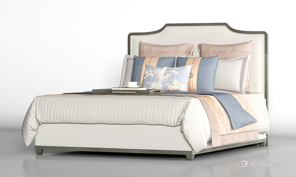 Cozy Double Bed With Upholstered Headboard Striped Bedspread Decorative Pillows And Tray 3d model