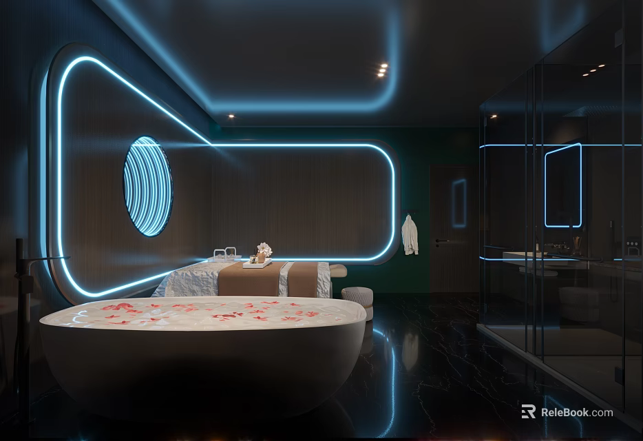 Modern SPA Sauna Interior With Neon Lighting Bathtub And Massage Beds 3d model 
