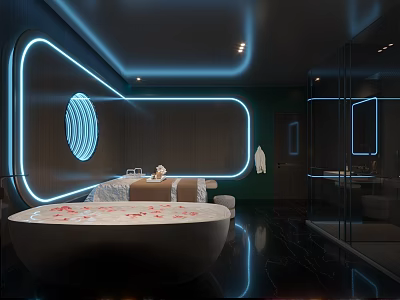 Modern SPA Sauna Interior With Neon Lighting Bathtub And Massage Beds 3d model