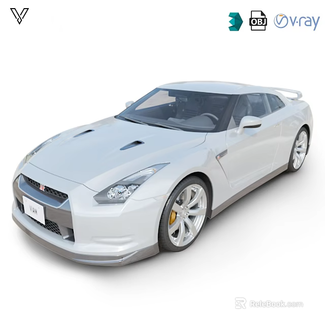 White Nissan GT-R Sports Car With Streamlined Body Sporty Wheels And Yellow Brake Calipers 3d model 