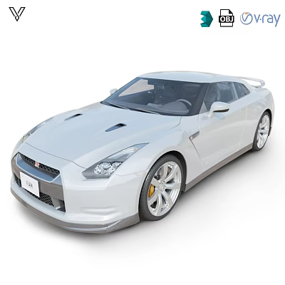 White Nissan GT-R Sports Car With Streamlined Body Sporty Wheels And Yellow Brake Calipers 3d model