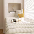 Cozy Beige Cushioned Window Seat with Geometric Pillow Yellow Cat Plush White Blinds Wood Floor