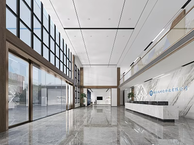 Modern Office Lobby Front Desk Reception With Marble Floor Glass Windows And Green Plants 3d model