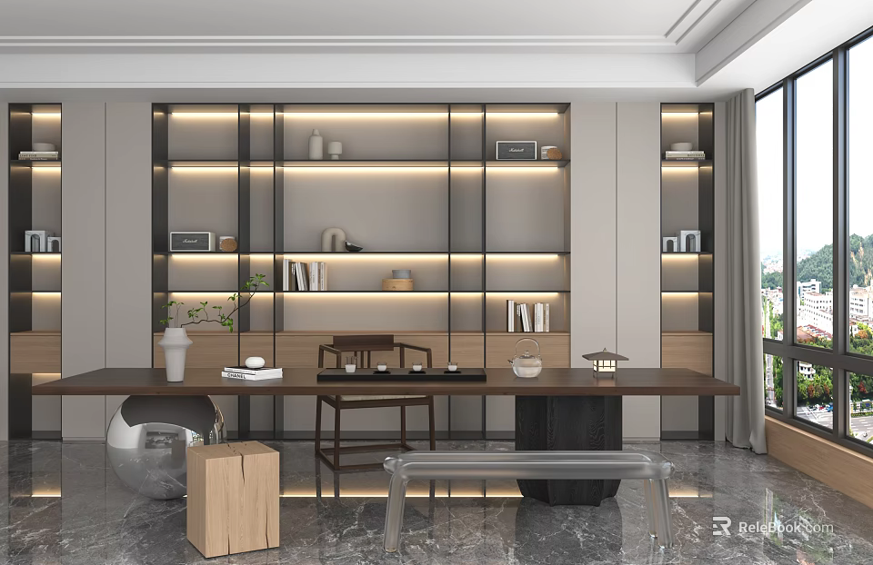 Modern Tea Room Interior Design With Wooden Shelves Ambient Lighting And Comfortable Furniture 3d model 