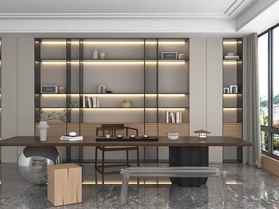 Modern Tea Room Interior Design With Wooden Shelves Ambient Lighting And Comfortable Furniture 3d model