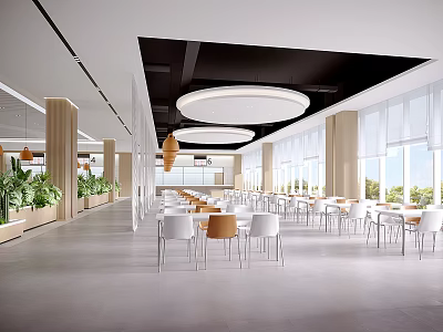 Modern Restaurant Interior With Open Layout Large Windows Mixed Color Chairs And Pendant Lights 3d model