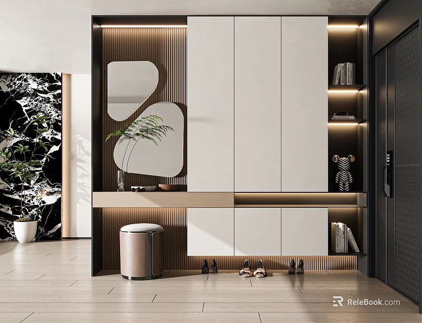 Modern Entryway Shoe Cabinet Design With Mirror LED Lighting And Storage Shelves 3d model 