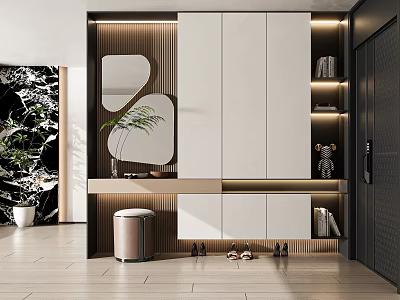 Modern Entryway Shoe Cabinet Design With Mirror LED Lighting And Storage Shelves 3d model