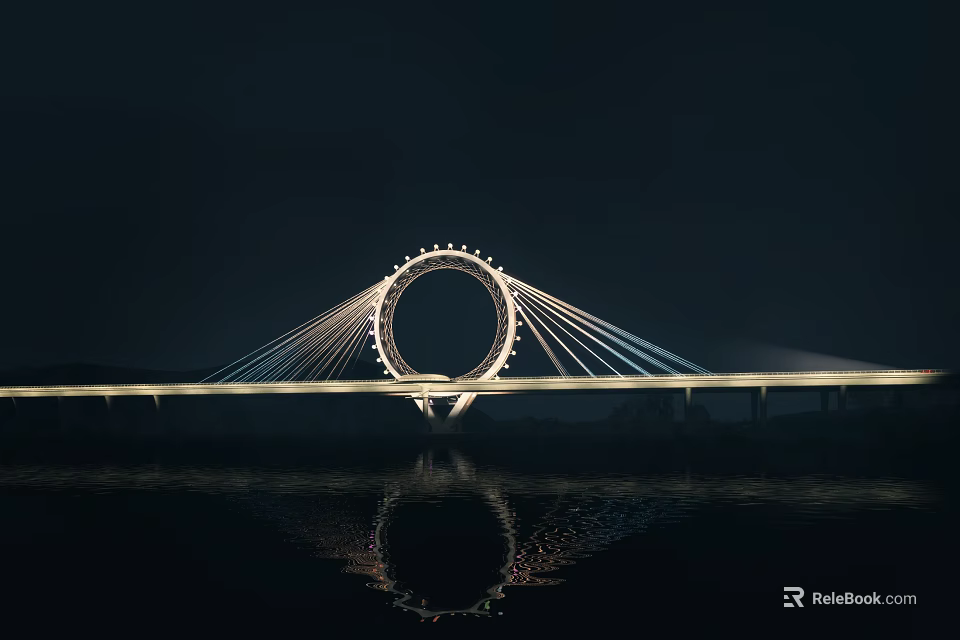 Night View Of Circular Structure Bridge With Illuminated Lights And Water Reflection 3d model 