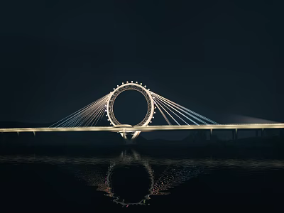 Night View Of Circular Structure Bridge With Illuminated Lights And Water Reflection 3d model