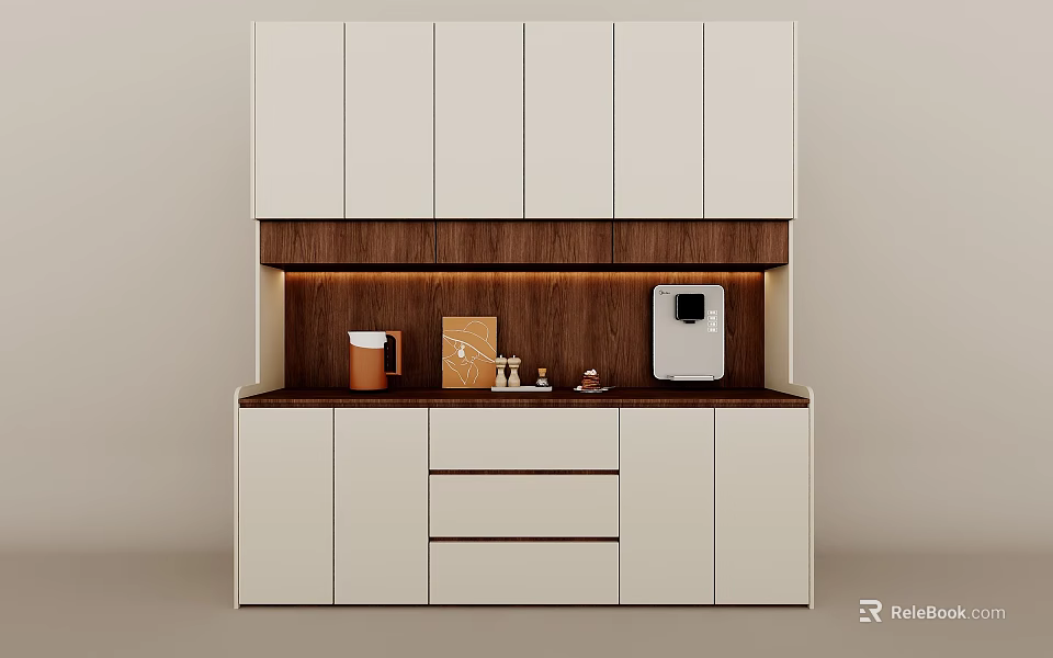 Modern Minimalist Sideboard Featuring White Cabinet Doors And Wooden Countertop With Decorative Accents 3d model 