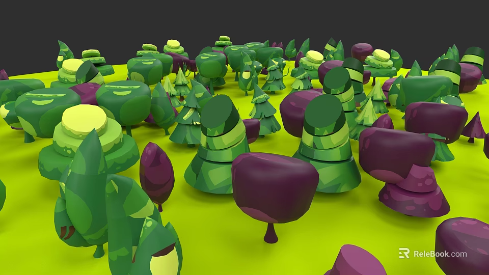 Vibrant Cartoon Trees In Colorful Forest With Green And Purple Canopies 3d model 