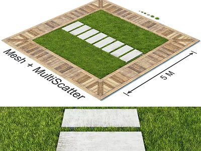 Green Grass Garden With White Stone Paths And Wooden Border Design 3d model