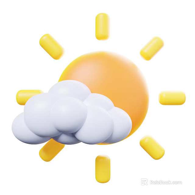 Bright Cheerful Cartoon Sun With Yellow Rays And Fluffy White Cloud 3d model 