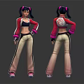 Female Character With Twin Ponytails Red Jacket Number 6 Logo Black Crop Top Beige Pants