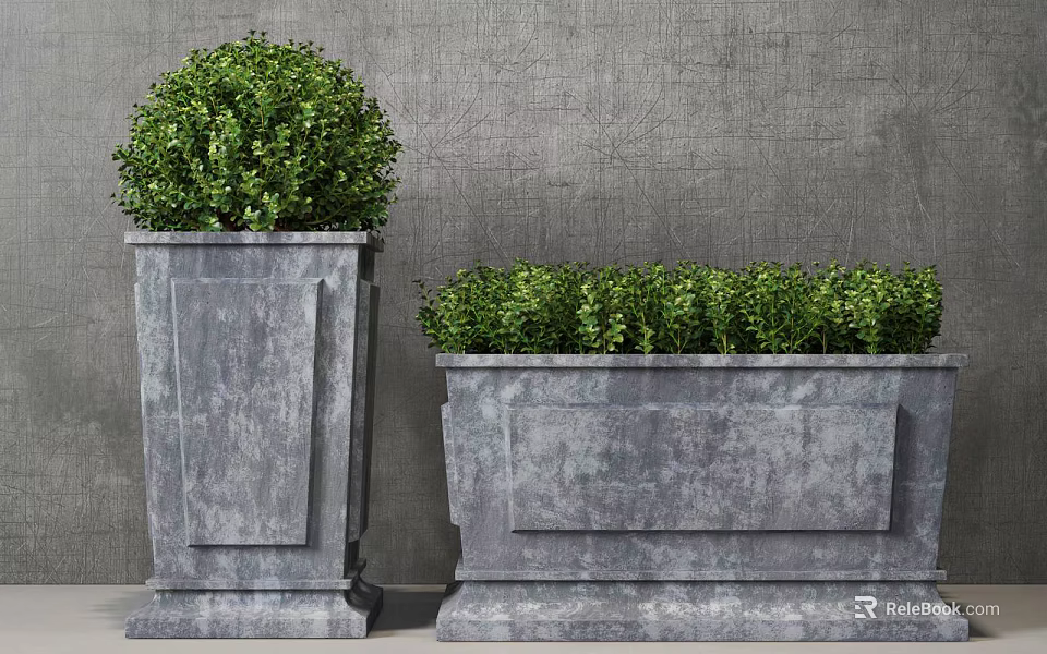 Lush Green Potted Plants In Square Planters With Gray Textured Wall Background Decor 3d model 