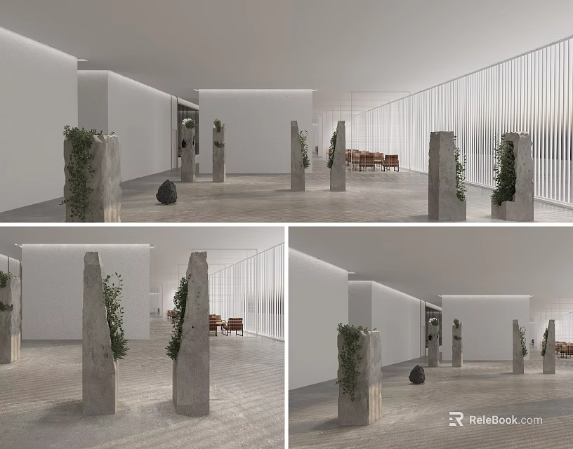 Minimalist Interior Space With Stone Pillars Green Plants White Walls And Wooden Furniture 3d model 