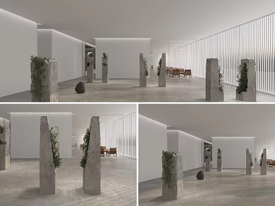Minimalist Interior Space With Stone Pillars Green Plants White Walls And Wooden Furniture 3d model