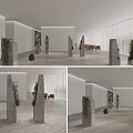 Minimalist Interior Space With Stone Pillars Green Plants White Walls And Wooden Furniture