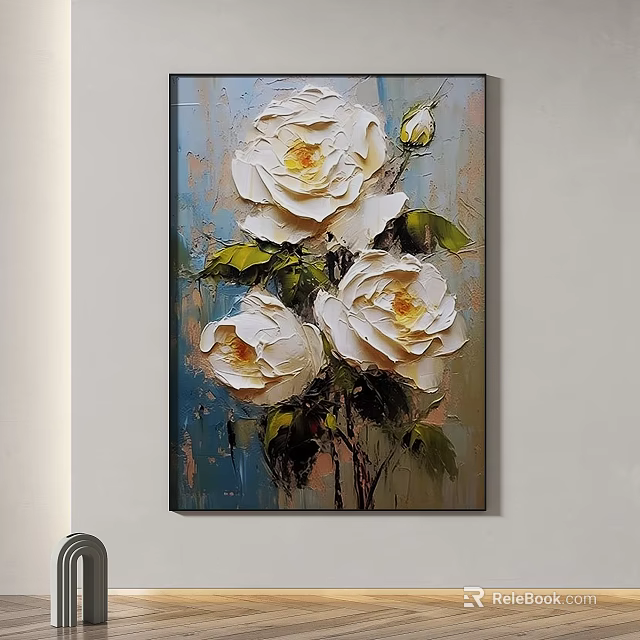 White Roses Oil Painting On Canvas With Blue Background And Textured Brushstrokes 3d model 
