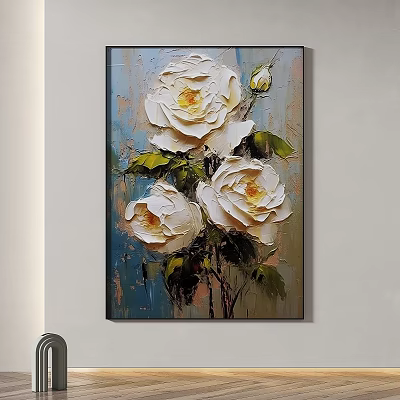 White Roses Oil Painting On Canvas With Blue Background And Textured Brushstrokes 3d model