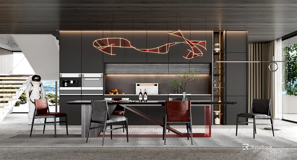 Modern Restaurant Interior With Black Cabinets Red Decorative Lines And Dining Table 3d model