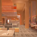 Modern Restaurant Interior With Orange Striped Decor And Open Seating Area 3d model