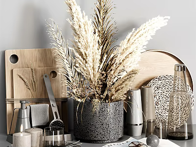 Ornamental Decor Set With Dried Pampas Grass Gray Cement Pot Wooden Boards Metal Glass Wicker 3d model