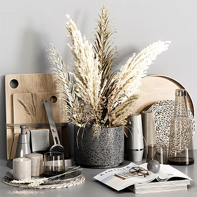 Ornamental Decor Set With Dried Pampas Grass Gray Cement Pot Wooden Boards Metal Glass Wicker 3d model