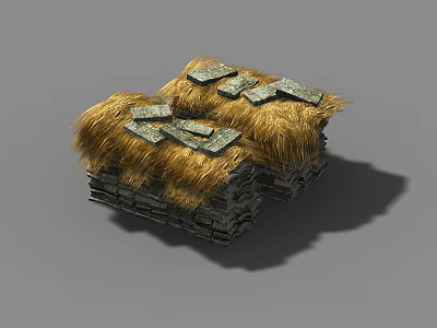 Cartoon Scene With Hay Roofs And Stone Blocks In Two Stacks 3d model