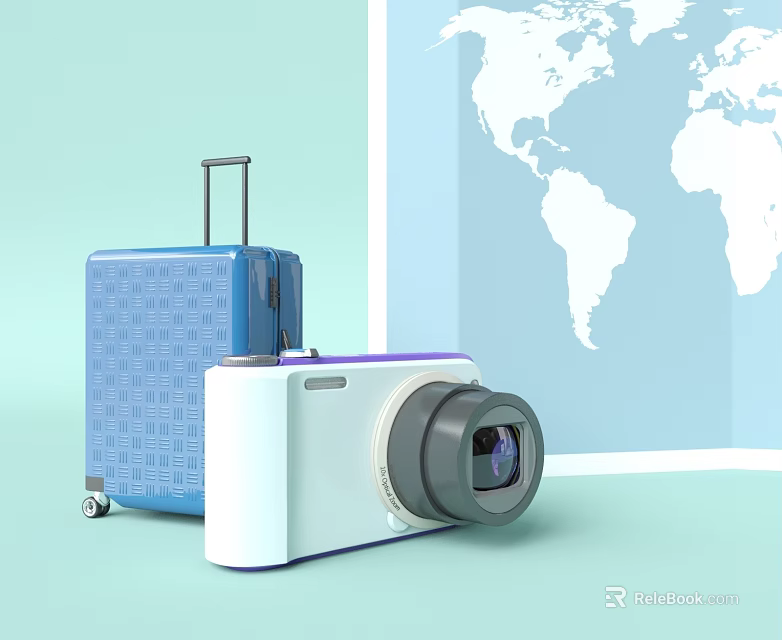 Cartoon Scene With Adventurous Blue Suitcase White Camera And World Map 3d model 