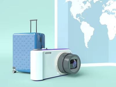 Cartoon Scene With Adventurous Blue Suitcase White Camera And World Map 3d model