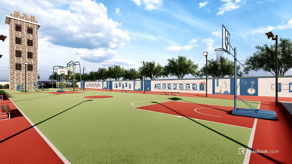 Outdoor Basketball Court With Green Red Surface Hoops Surrounded By Trees Fences And Lighting Poles 3d model 