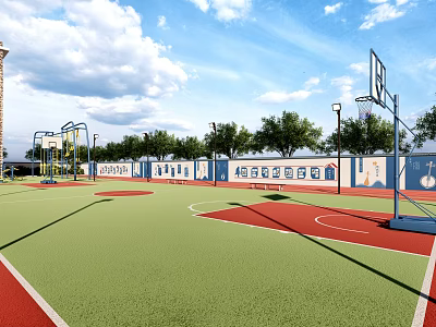 Outdoor Basketball Court With Green Red Surface Hoops Surrounded By Trees Fences And Lighting Poles 3d model