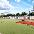Outdoor Basketball Court With Green Red Surface Hoops Surrounded By Trees Fences And Lighting Poles